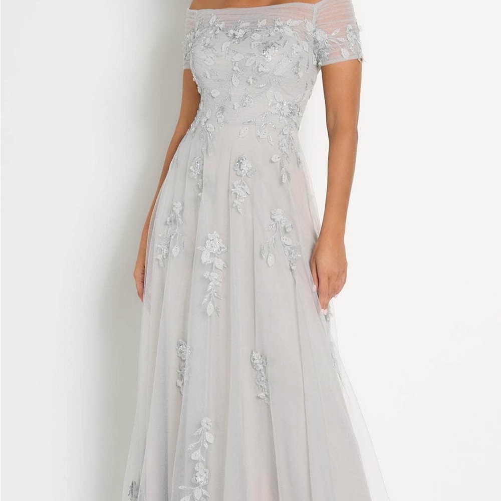 Silver Off-Shoulder Maxi Gown with Short Sleeves